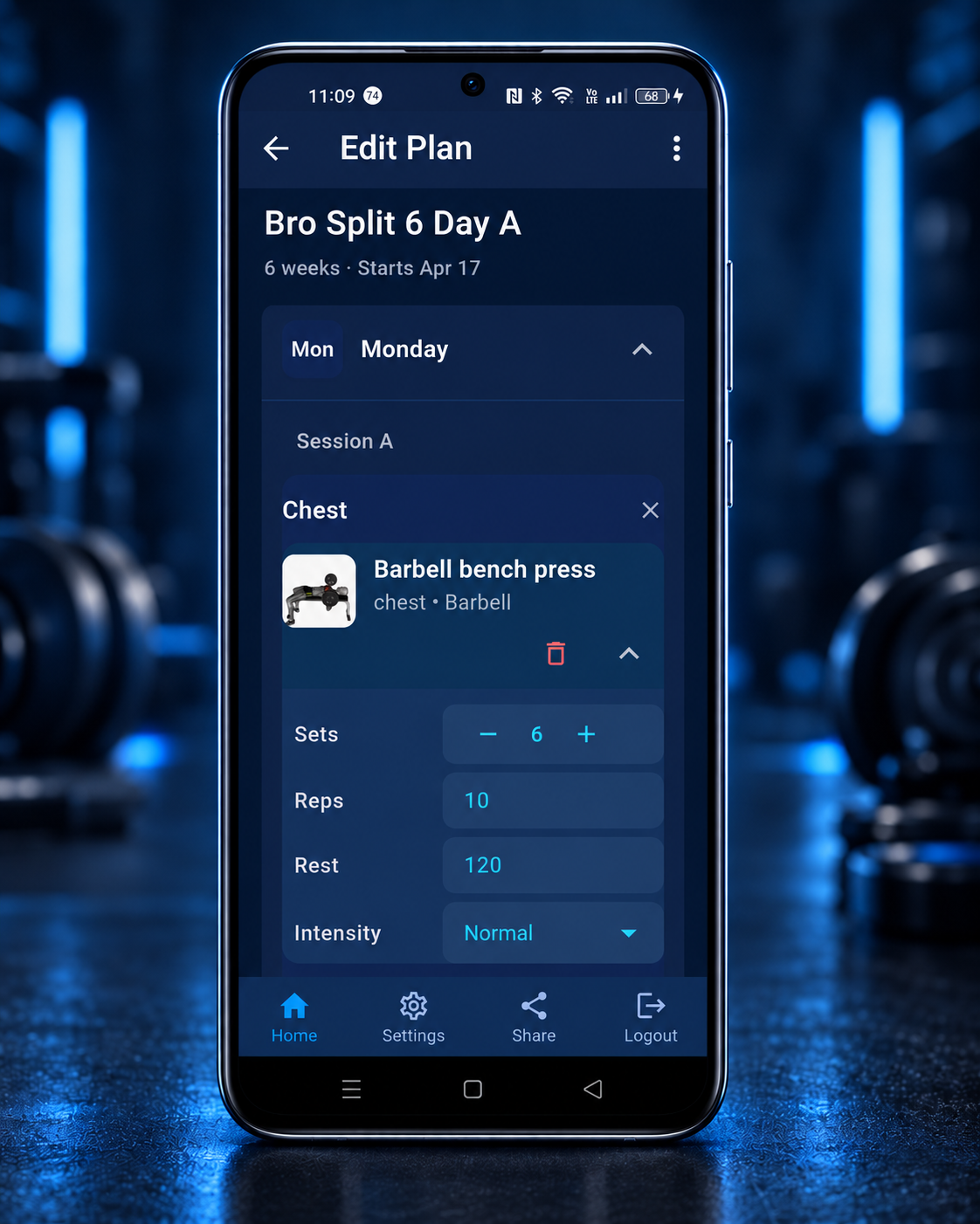WorkoutBuddy Edit Plan screen showing training days, exercises, sets, reps, rest and intensity
