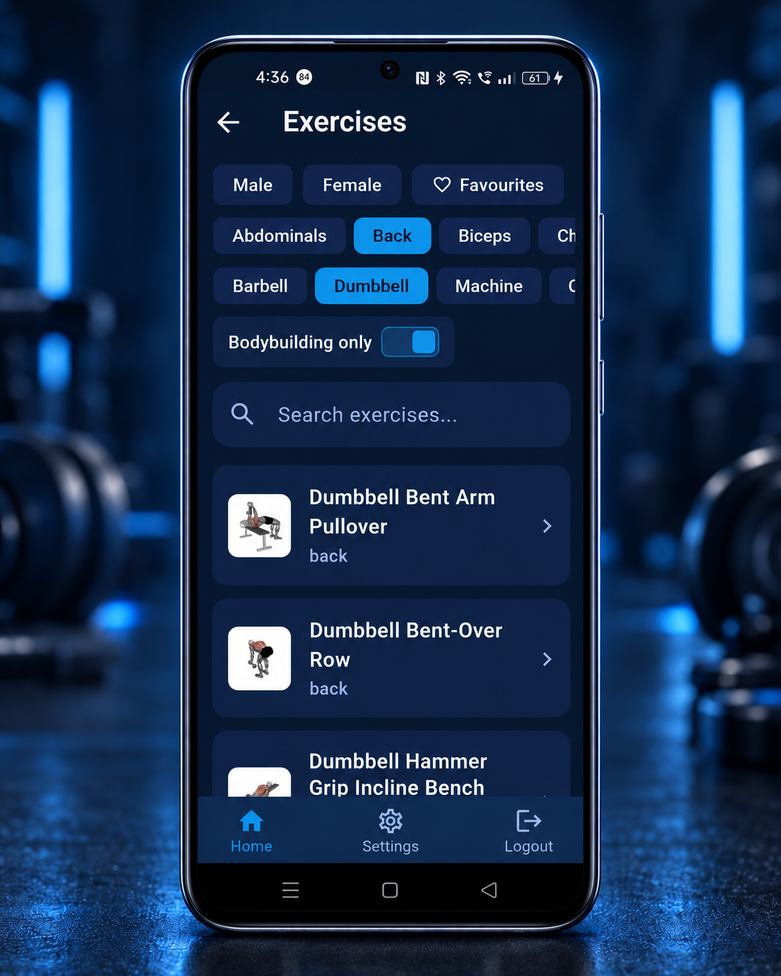 WorkoutBuddy Exercise Database with search, filters and exercise category browsing