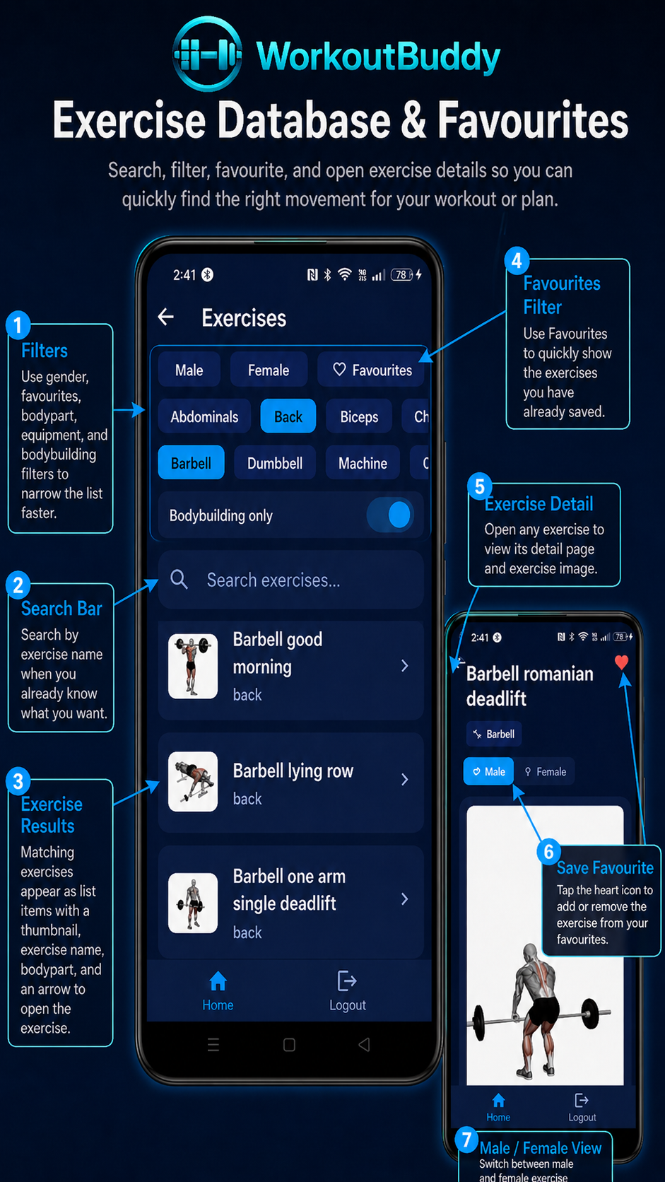 WorkoutBuddy Exercise Database and Favourites guide screenshot