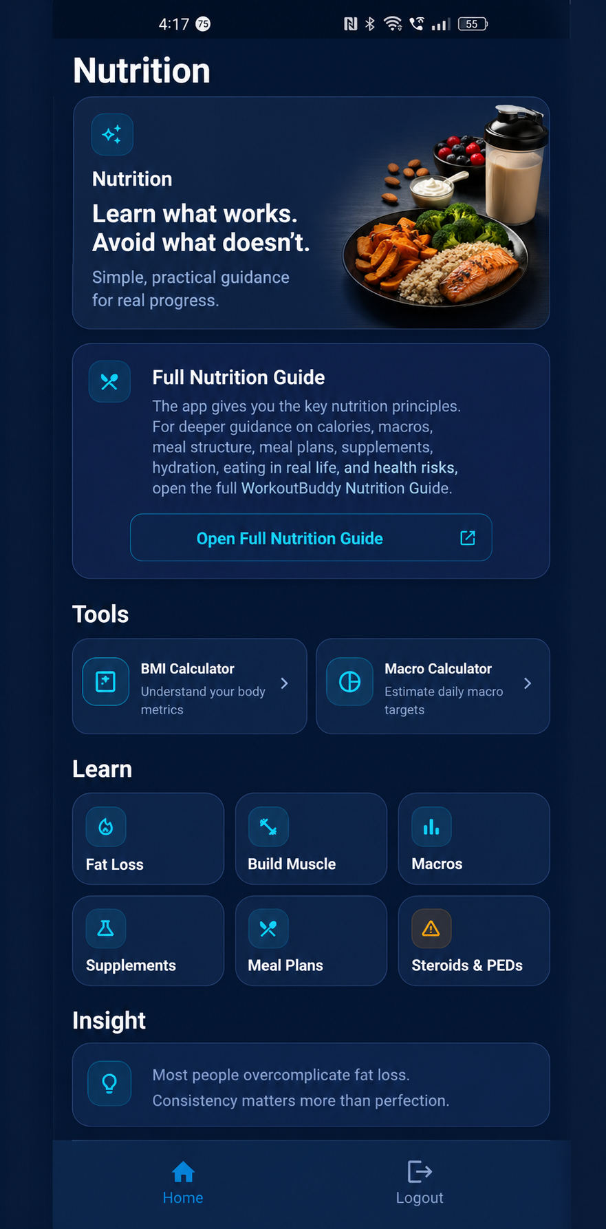 WorkoutBuddy Nutrition Section guide screenshot